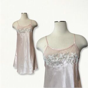 Vintage Satin Slip Dress with Floral Embroidered Chiffon Bust Powder Pink Size S